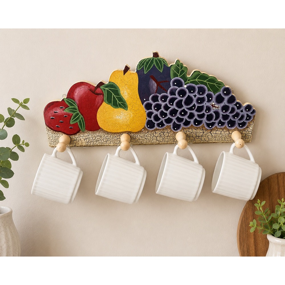 Vintage-Style Hand Painted Fruit Wooden Wall Mug Rack 4 Pegs Crackle Finish